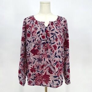 VTG Lucky Brand Boho Peasant Blouse Top Size M Floral Burgundy Indigo Hippie Y2K
